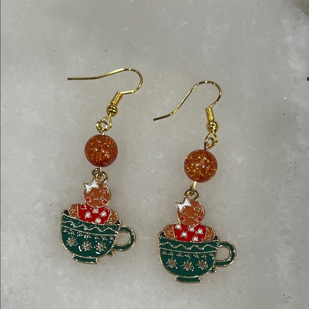 Festive Gingerbread Cookie Teacup Earrings with Crackle Quartz